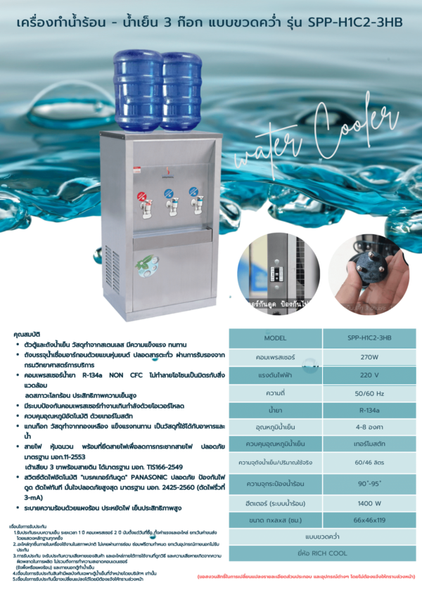 เครื่องกดน้ำเย็น 2 ก๊อก - น้ำร้อน 1 ก๊อก แบบขวดคว่ำ รุ่น SPP-H1C2-3HB - Image 2